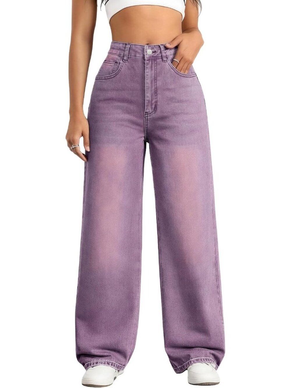 Women's Purple Baggy Trendy Five Pockets High Waisted Wide Leg Denim Pants